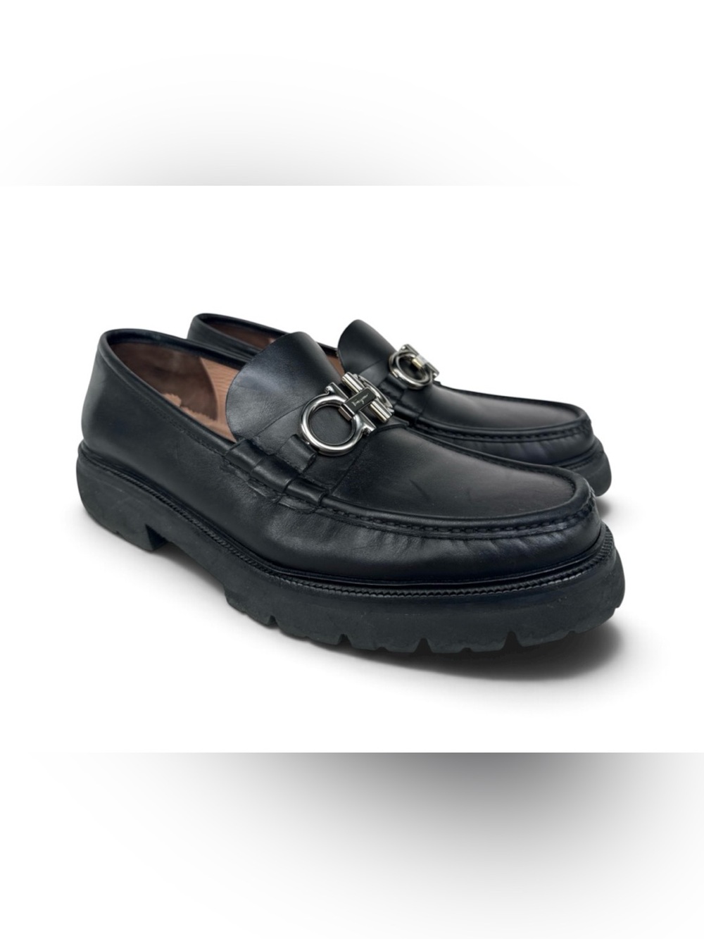 Salvatore Ferragamo Black Leather Gancini-Accent Lug Sole Loafers